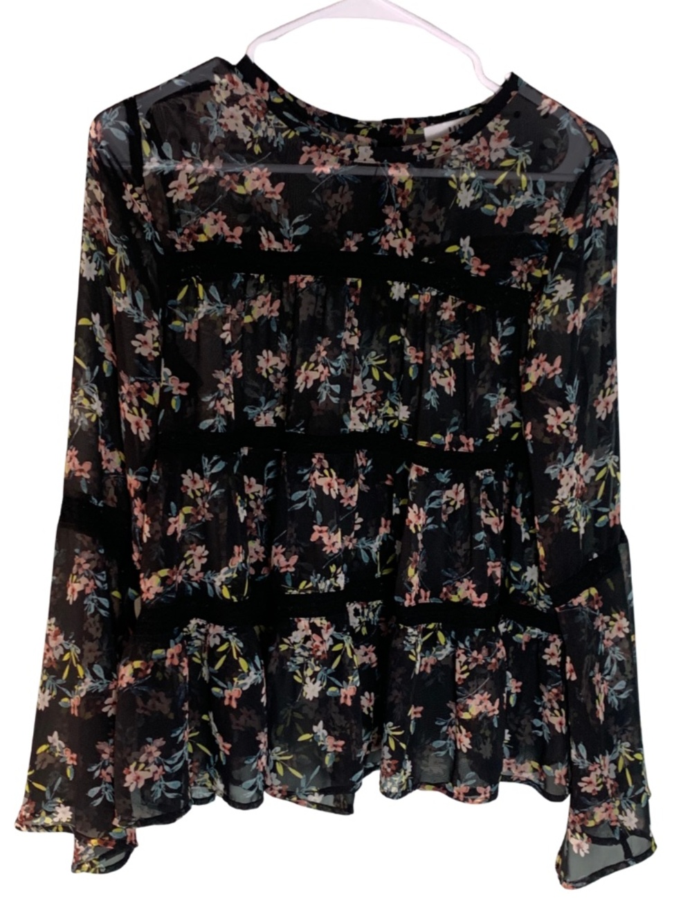 Ro & De Black Floral Bell Sleeve Semi Sheer Blouse Women's S Fairycore Feminine